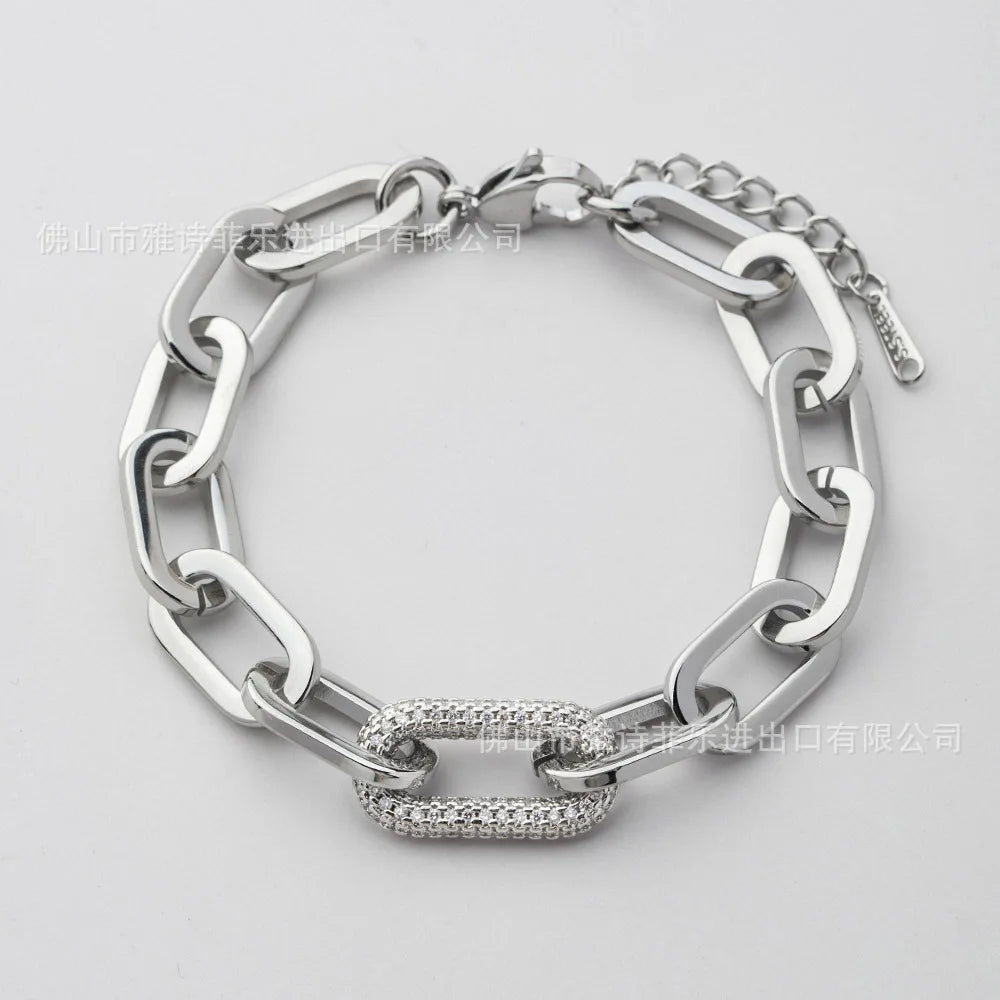 European American 18K Gold Plated Handmade Thick Chain Bracelet Full Diamond Oval Charm Link Trendy Exquisite Jewelry for Gift