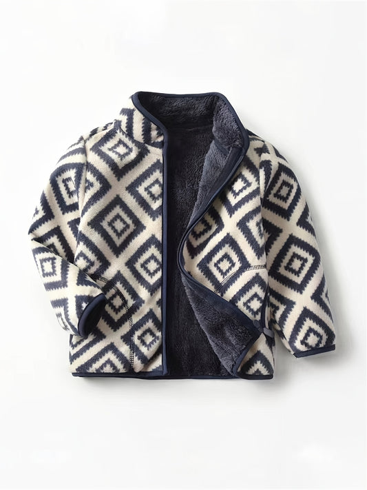 New Boys Vintage Plaid Printed Casual Thickened Warm Stand Collar Zipper Jacket