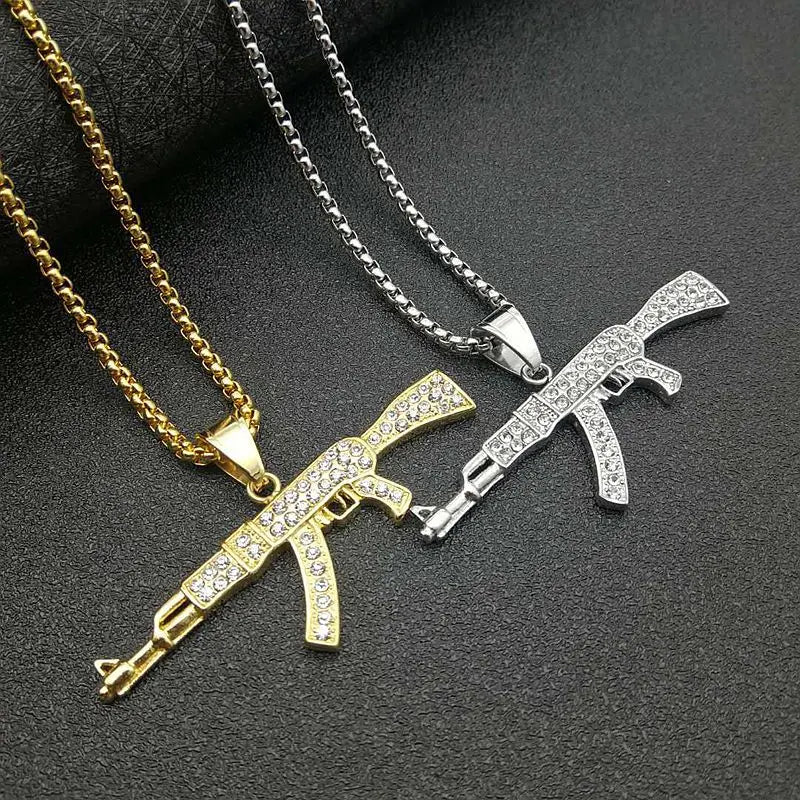 Trendy New Stainless Steel Iced Out Uzi Gun Pendant Gold Necklace Men Hip Hop 18K Gold Plated CZ AK47 Pistol Gun Charm Jewelry