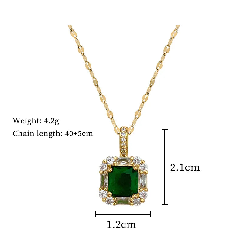 Luxury Fashion Emerald Cut Zircon Jewelry Set 18K Gold Plated Stainless Steel Shiny Diamond Pendant Earrings Necklace Set