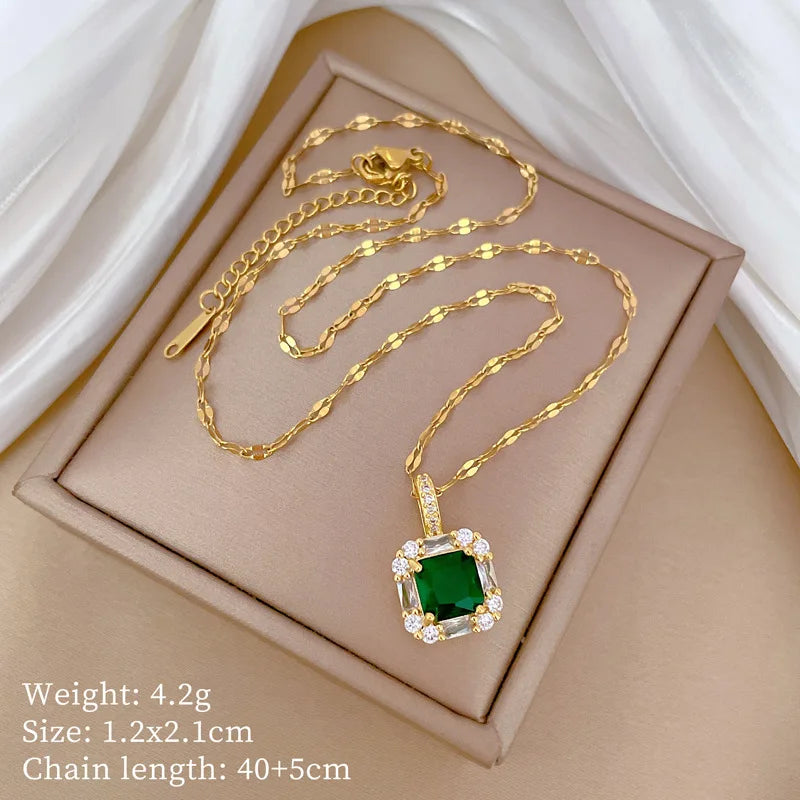 Luxury Fashion Emerald Cut Zircon Jewelry Set 18K Gold Plated Stainless Steel Shiny Diamond Pendant Earrings Necklace Set