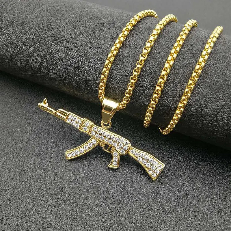 Trendy New Stainless Steel Iced Out Uzi Gun Pendant Gold Necklace Men Hip Hop 18K Gold Plated CZ AK47 Pistol Gun Charm Jewelry