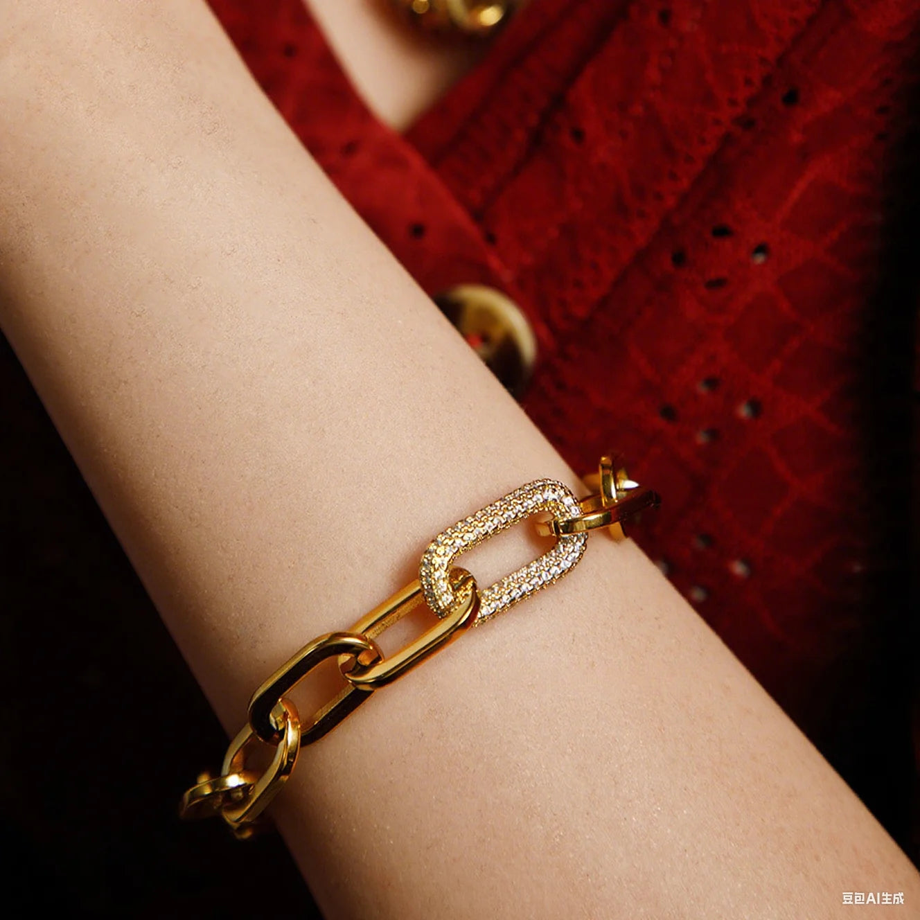 European American 18K Gold Plated Handmade Thick Chain Bracelet Full Diamond Oval Charm Link Trendy Exquisite Jewelry for Gift