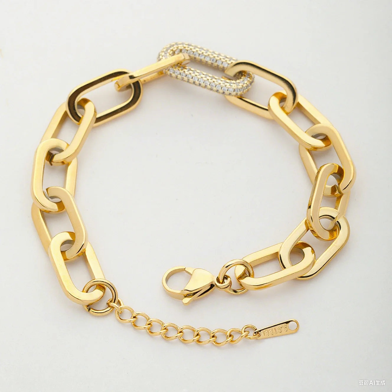 European American 18K Gold Plated Handmade Thick Chain Bracelet Full Diamond Oval Charm Link Trendy Exquisite Jewelry for Gift