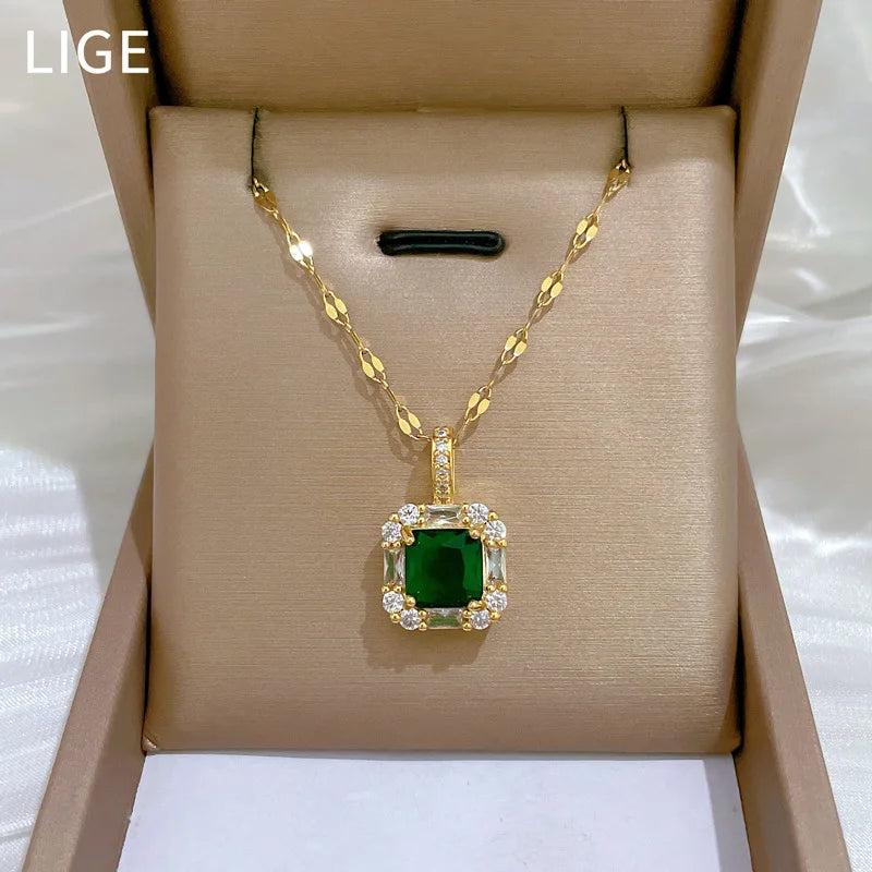 Luxury Fashion Emerald Cut Zircon Jewelry Set 18K Gold Plated Stainless Steel Shiny Diamond Pendant Earrings Necklace Set