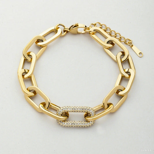 European American 18K Gold Plated Handmade Thick Chain Bracelet Full Diamond Oval Charm Link Trendy Exquisite Jewelry for Gift