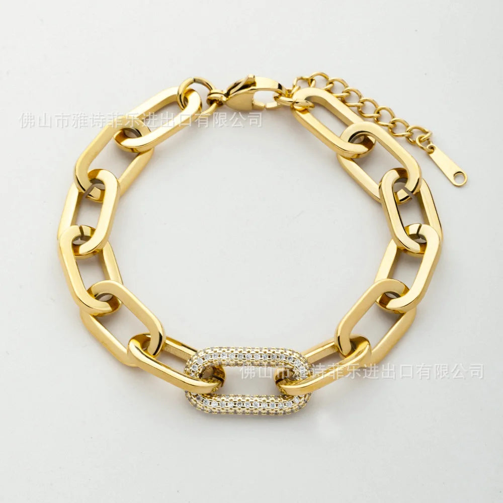 European American 18K Gold Plated Handmade Thick Chain Bracelet Full Diamond Oval Charm Link Trendy Exquisite Jewelry for Gift