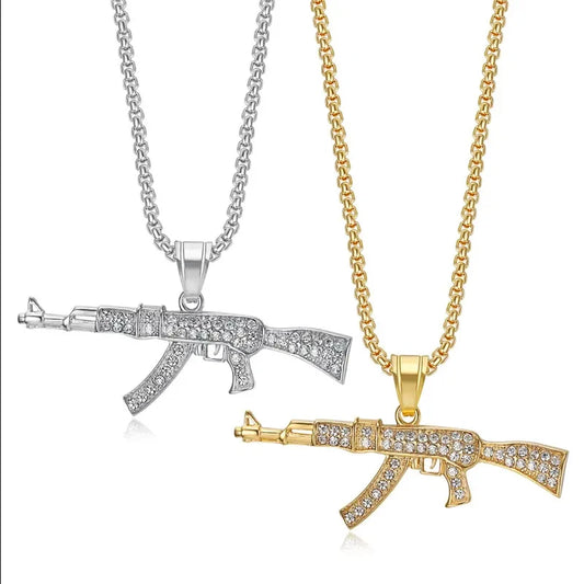 Trendy New Stainless Steel Iced Out Uzi Gun Pendant Gold Necklace Men Hip Hop 18K Gold Plated CZ AK47 Pistol Gun Charm Jewelry