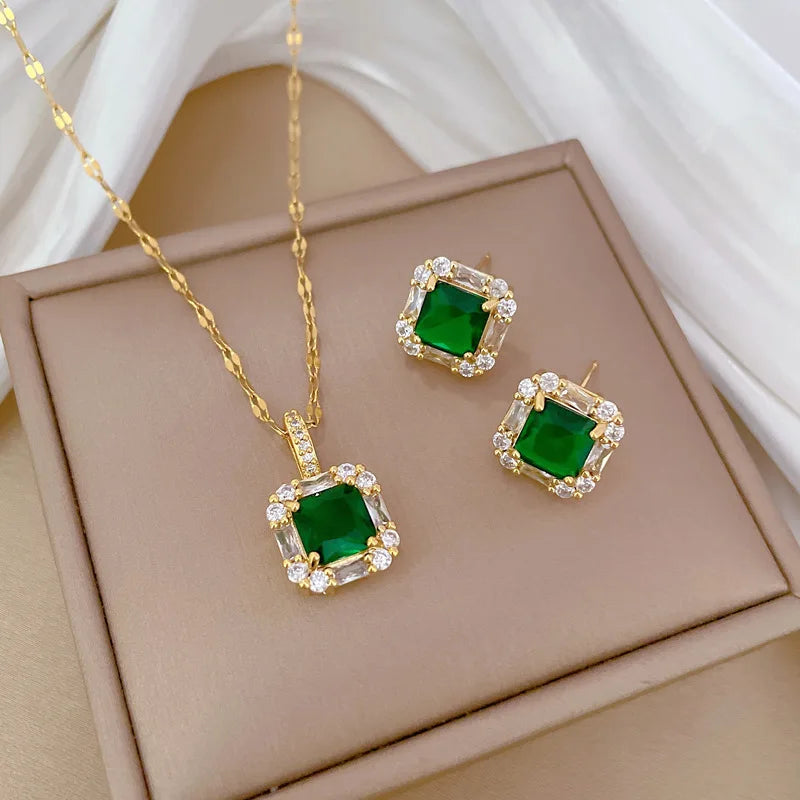 Luxury Fashion Emerald Cut Zircon Jewelry Set 18K Gold Plated Stainless Steel Shiny Diamond Pendant Earrings Necklace Set