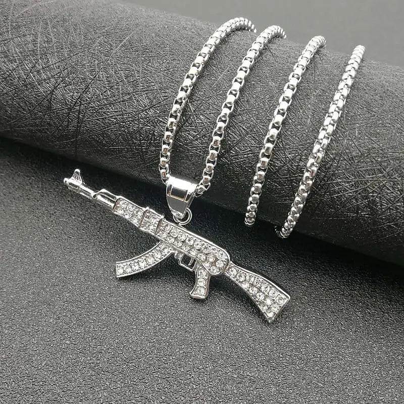 Trendy New Stainless Steel Iced Out Uzi Gun Pendant Gold Necklace Men Hip Hop 18K Gold Plated CZ AK47 Pistol Gun Charm Jewelry