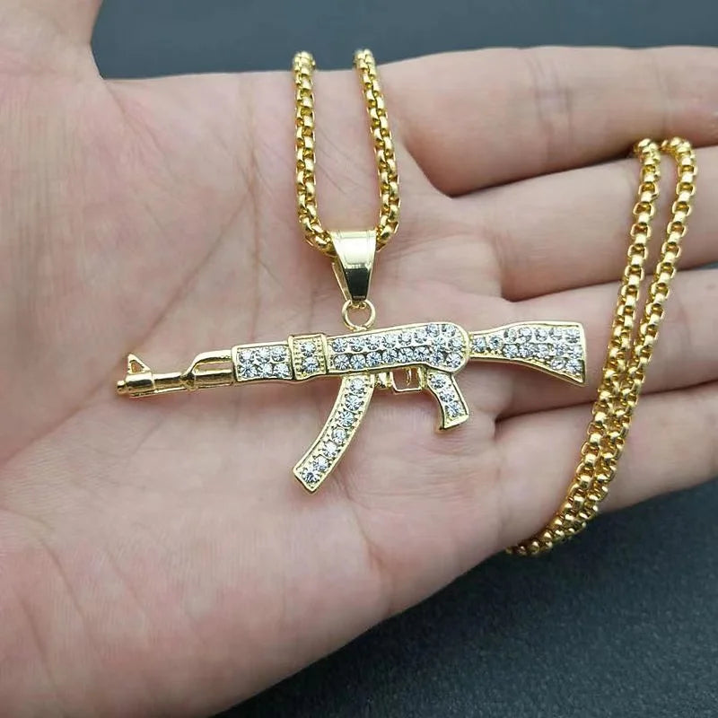 Trendy New Stainless Steel Iced Out Uzi Gun Pendant Gold Necklace Men Hip Hop 18K Gold Plated CZ AK47 Pistol Gun Charm Jewelry