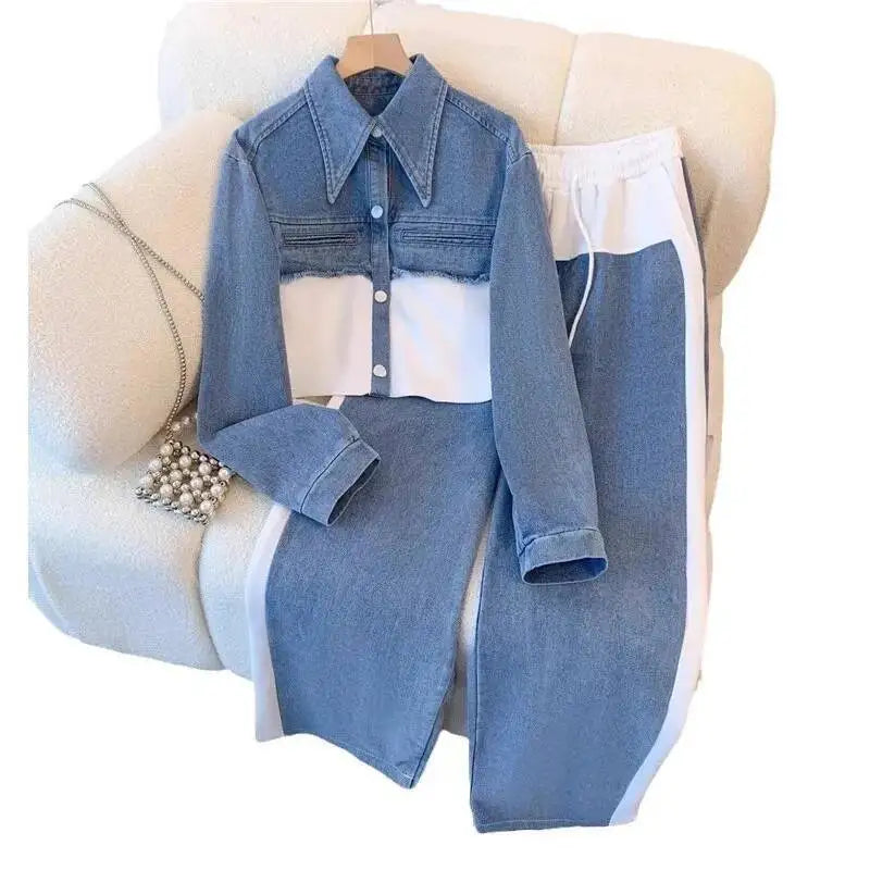 Two Piece Women Pant Set Denim Splice Matching Sets Spring Top Wide Leg Long Pants Casual Loose Lace Up High Waist Jogger