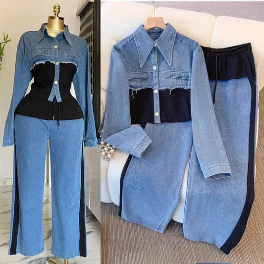 Two Piece Women Pant Set Denim Splice Matching Sets Spring Top Wide Leg Long Pants Casual Loose Lace Up High Waist Jogger
