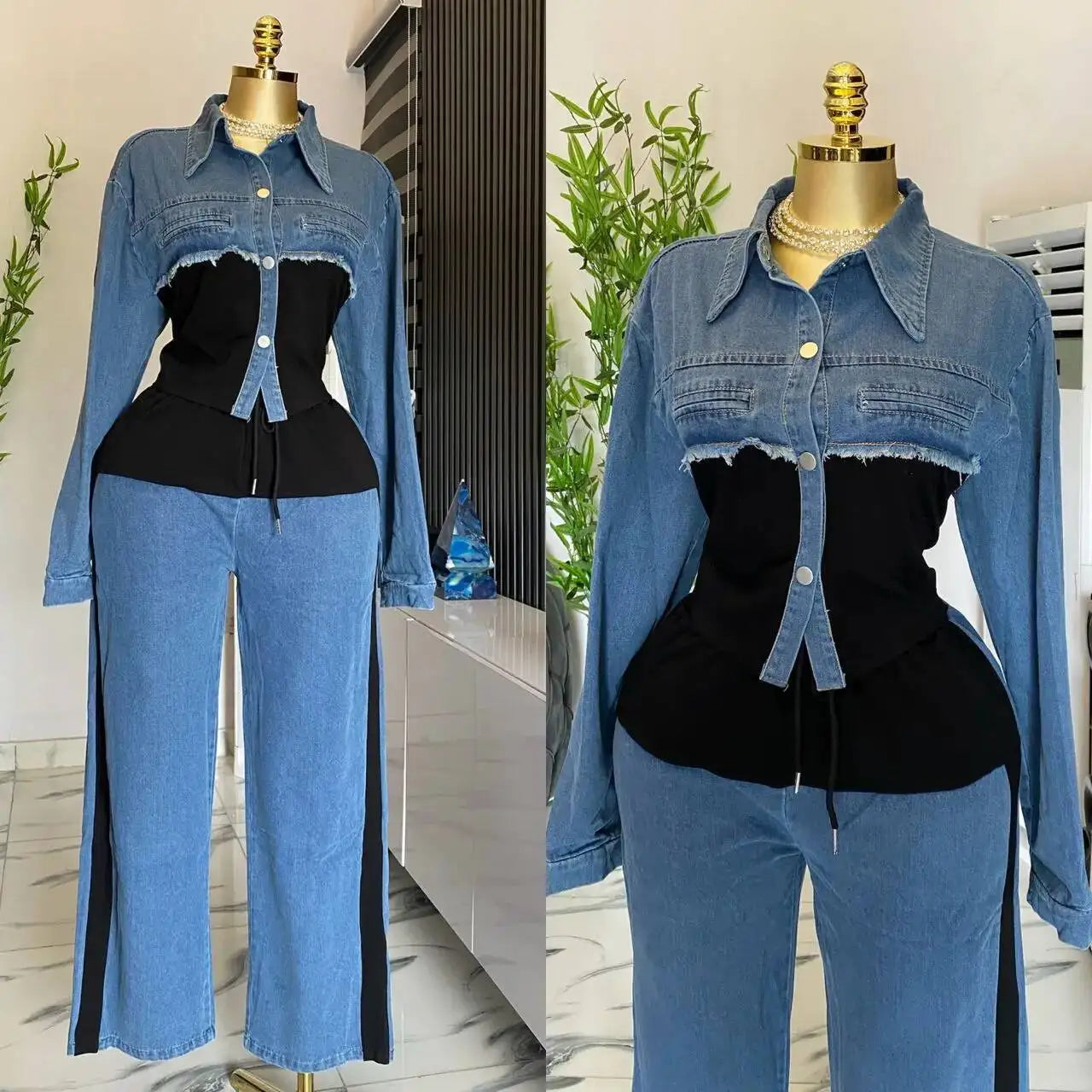 Two Piece Women Pant Set Denim Splice Matching Sets Spring Top Wide Leg Long Pants Casual Loose Lace Up High Waist Jogger