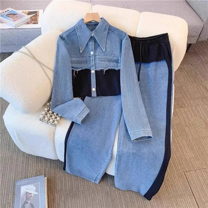 Two Piece Women Pant Set Denim Splice Matching Sets Spring Top Wide Leg Long Pants Casual Loose Lace Up High Waist Jogger