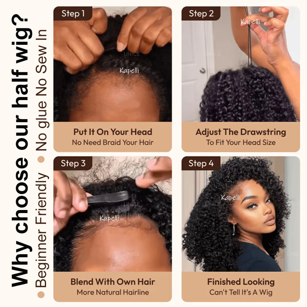 Half Wig Human Hair Kinky Curly Glueless Wig Human Hair Ready to Wear 3 IN 1 Half Wig With Drawstring 250 Density Curly Half Wig